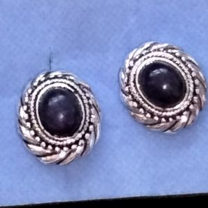 AVON Unicorn VINTAGE Pierced EARRINGS - PURPLE DOMED STONE  SILVER SWIRL